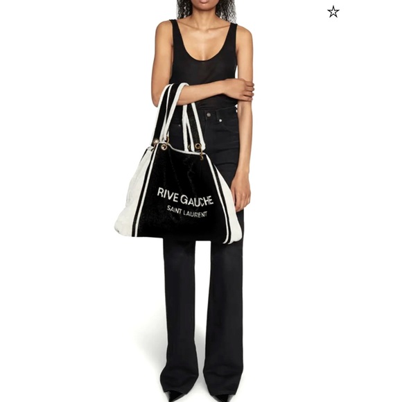 NWT $2100 Saint Laurent Towel Cabas in terrycloth tote in black + light gray - Picture 1 of 13